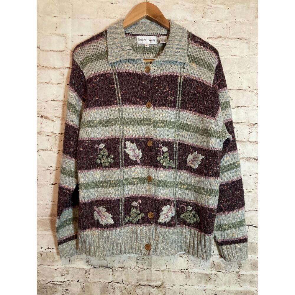 Vintage Baxter Wells Sweater Womens Large Cottage Leaf Printed Bobble Embroidery